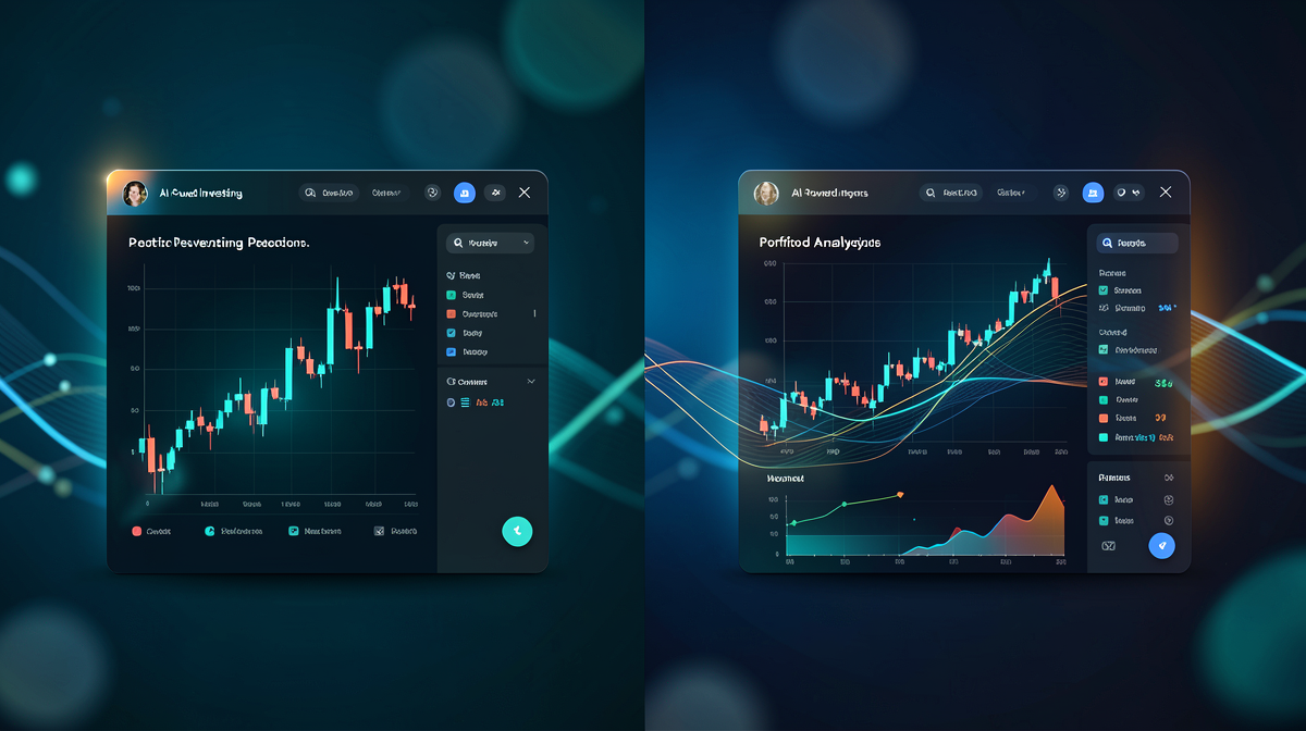 Side-by-side comparison of AI-powered investing platform dashboards showing stock predictions and portfolio analytics