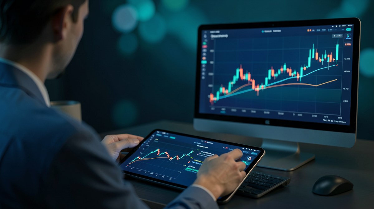 Un trader che esamina le previsioni azionarie generate da AI su un tablet accanto a un monitor desktop che mostra dati di mercato in tempo reale