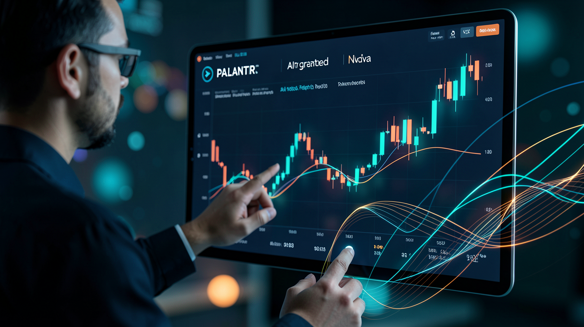 Investitore che esamina le previsioni AI generate per Palantir e Nvidia su una dashboard di trading