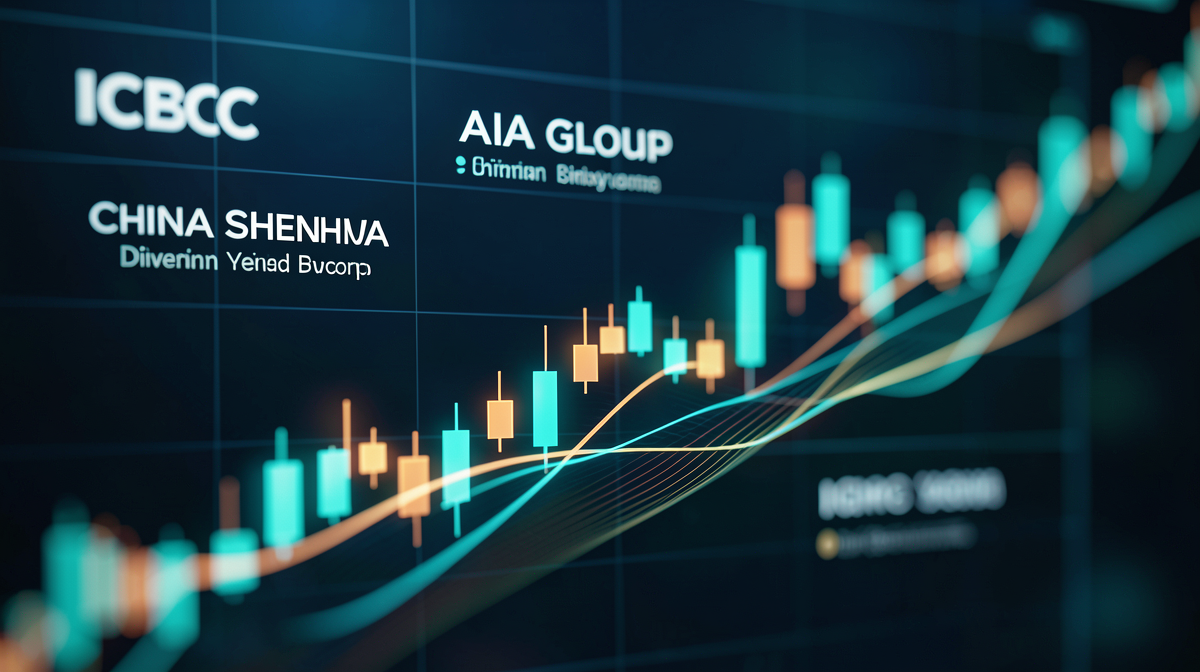 Close-up of ICBC, AIA Group and China Shenhua stock charts with dividend yield indicators
