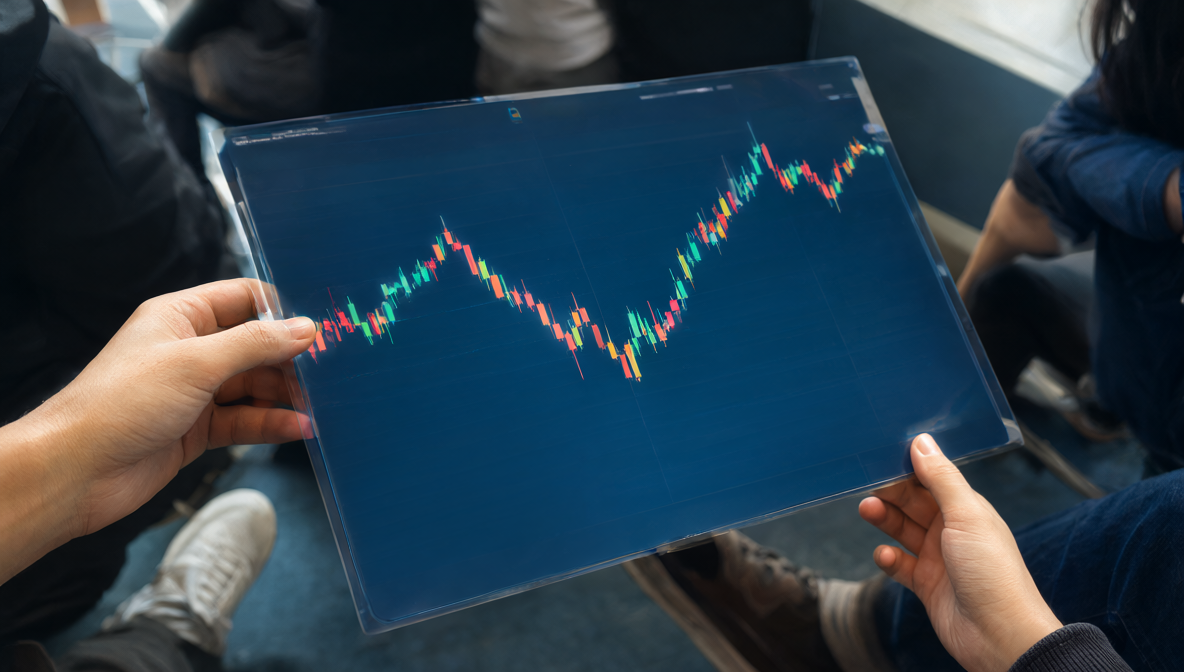 Interfaccia dashboard che mostra dati azionari in tempo reale e grafici di previsione AI per vari settori.
