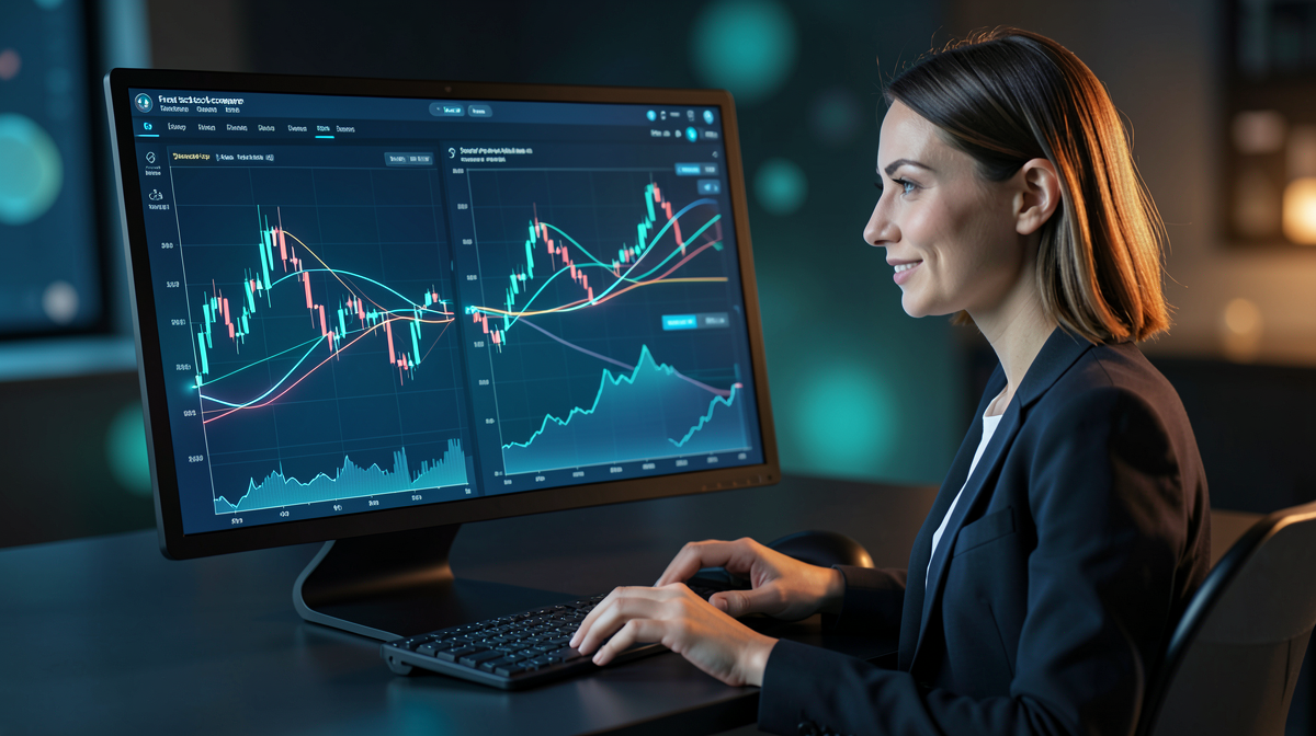 Inversor usando software gratuito de análisis de acciones en una computadora de escritorio con gráficos de acciones de IA