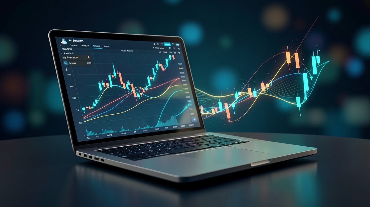 Un trader utilise un ordinateur portable affichant des screeners d'actions propulsés par IA avec graphiques et prédictions en temps réel