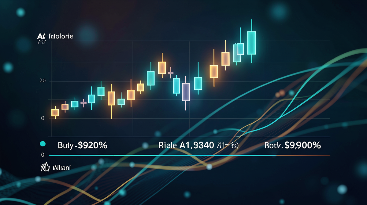 Un graphique montrant les cours de Nvidia et Palantir avec des indicateurs de points d'achat sur un fond de graphiques technologiques IA