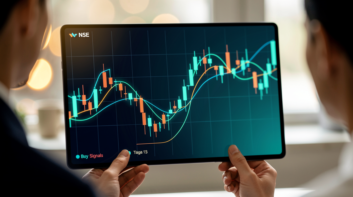 Chart showing NSE and NASDAQ crossover stocks with buy signals and price targets