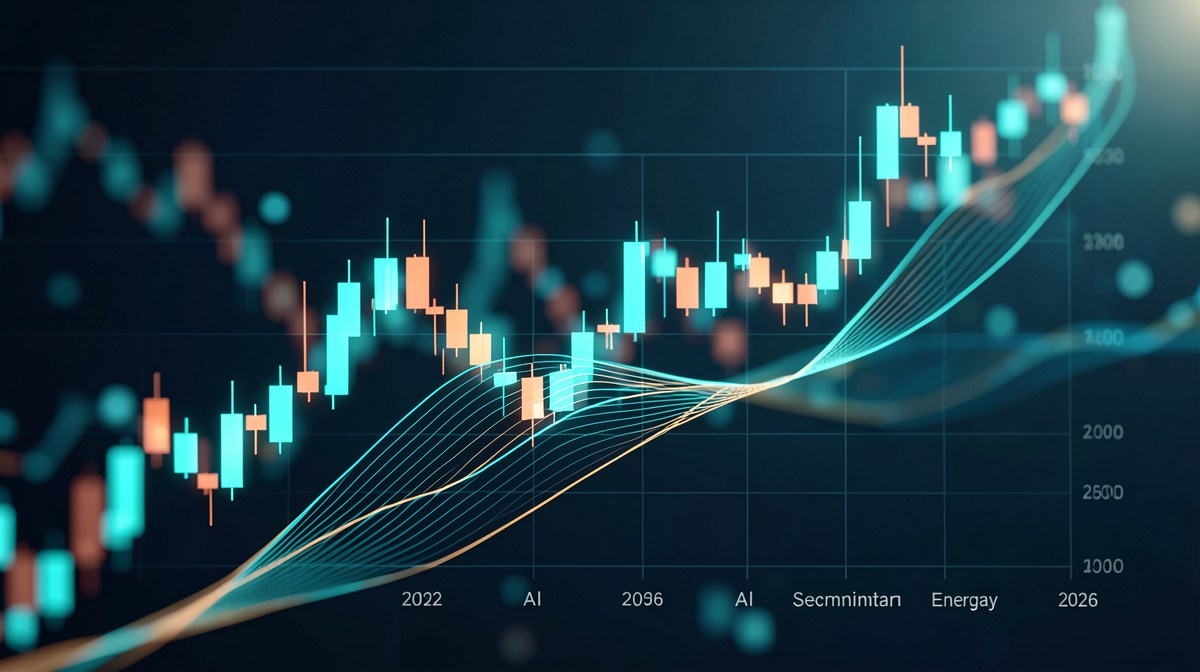 Stock market charts showing AI, semiconductor and energy stock growth projections for 2026