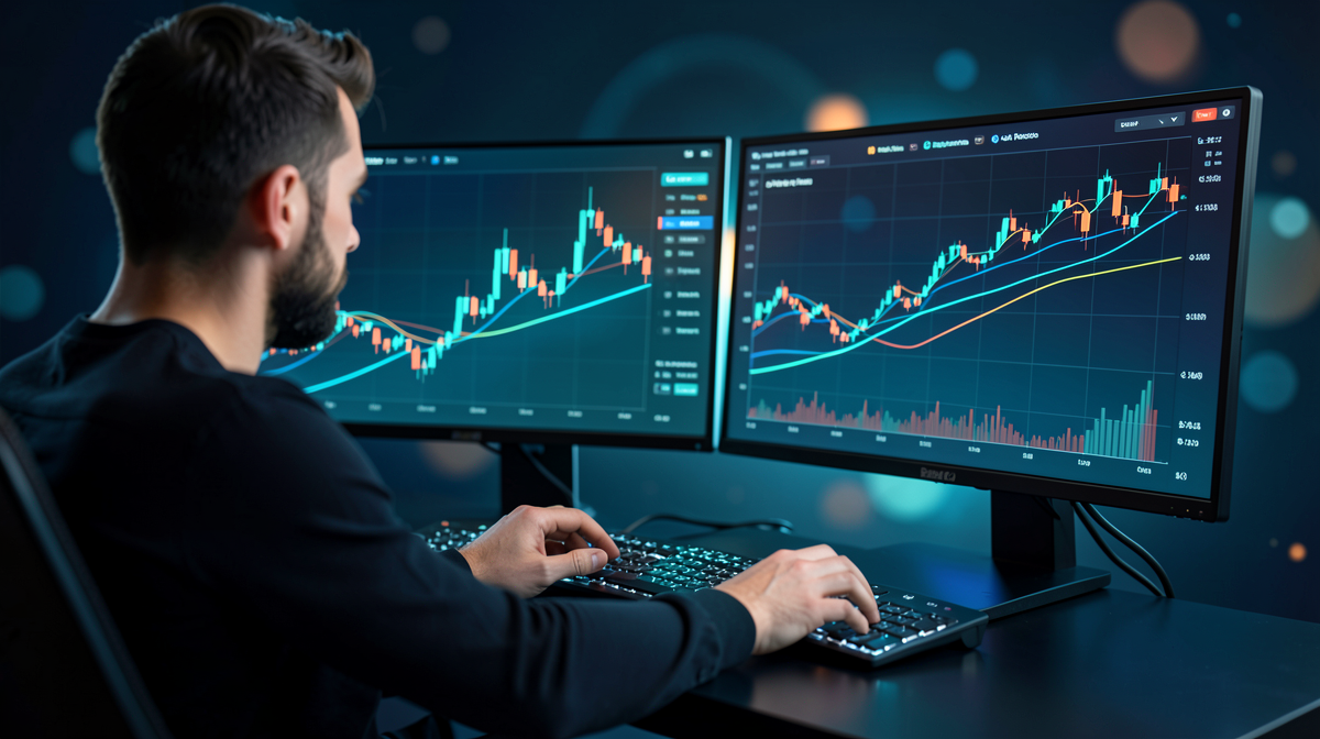 Aktif alıcının çift monitörde swing trading platformu grafikleri ve yapay zeka destekli hisse tahminlerini incelediği görüntü