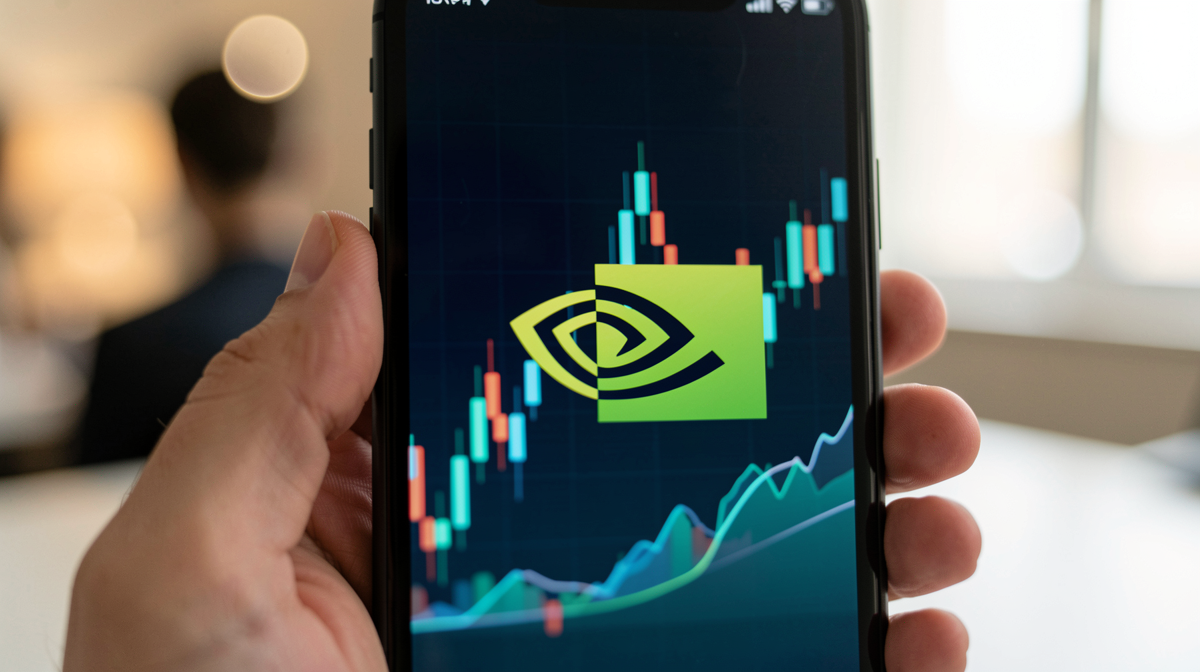Nvidia logo displayed on a screen with financial charts in the background