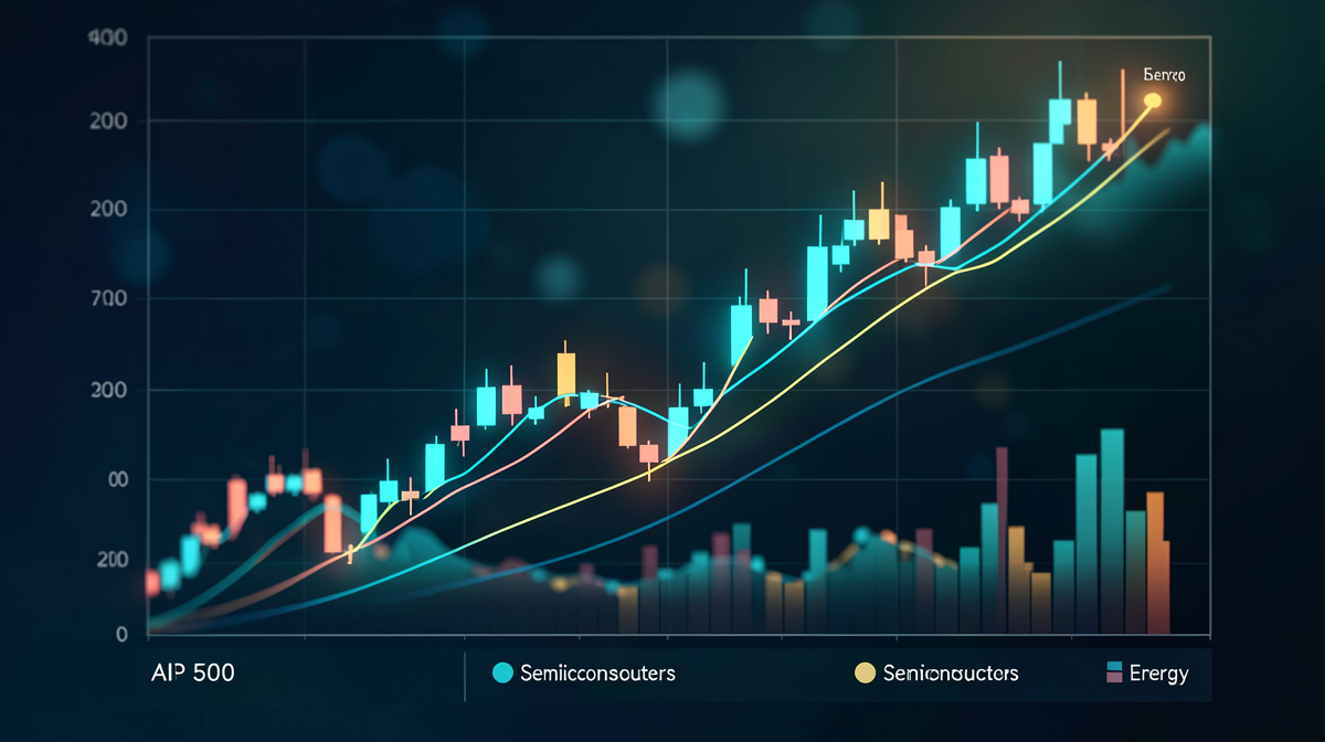 S&P 500 stock chart showing upward trend with sector labels for AI, semiconductors and energy