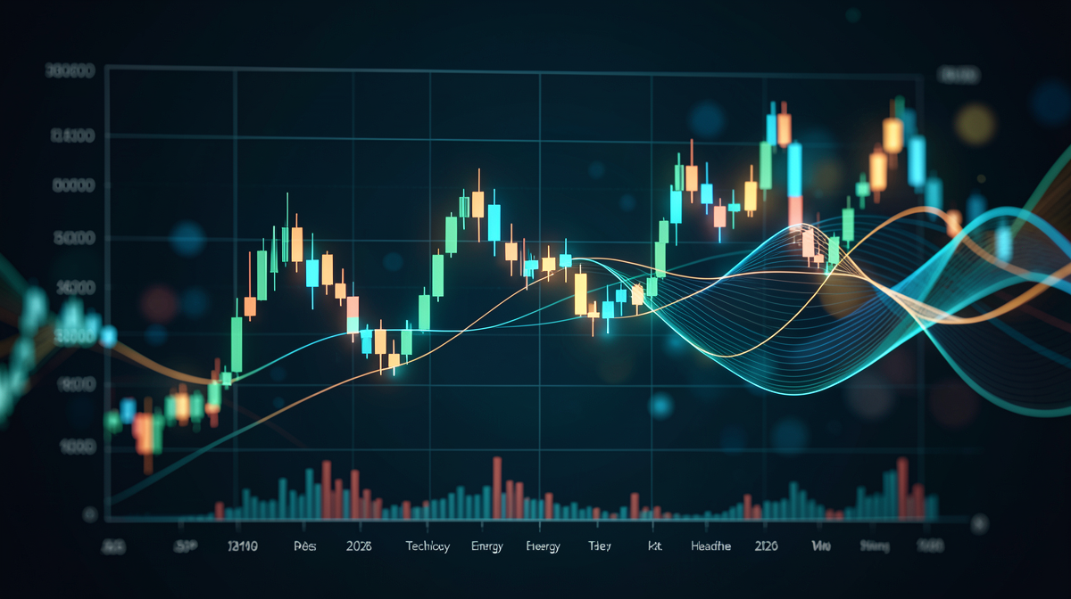 رسم بياني لمؤشر S&P 500 يُظهر قمماً قياسية مع دوران القطاعات نحو التكنولوجيا والطاقة والرعاية الصحية في 2026