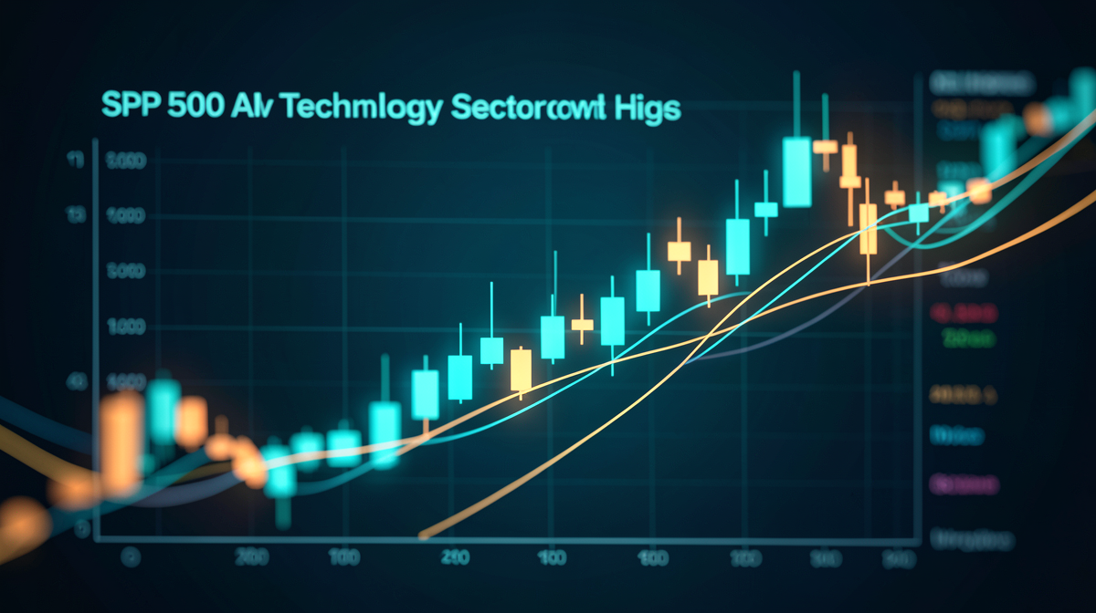 Grafico che mostra l'andamento dell'indice S&P 500 verso nuovi massimi, con evidenziata la crescita dei settori AI e tecnologia