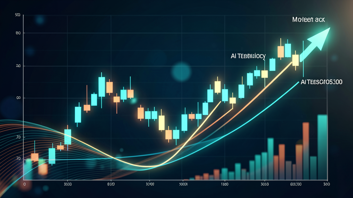 Grafico di mercato S&P 500 con etichette del settore tecnologico IA e frecce di tendenza al rialzo