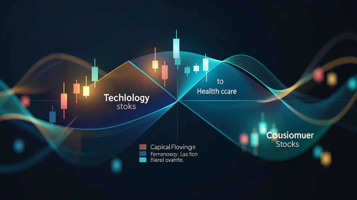 Grafico della rotazione settoriale che mostra i capitali che fluiscono dalle azioni tecnologiche verso sanità e beni di consumo