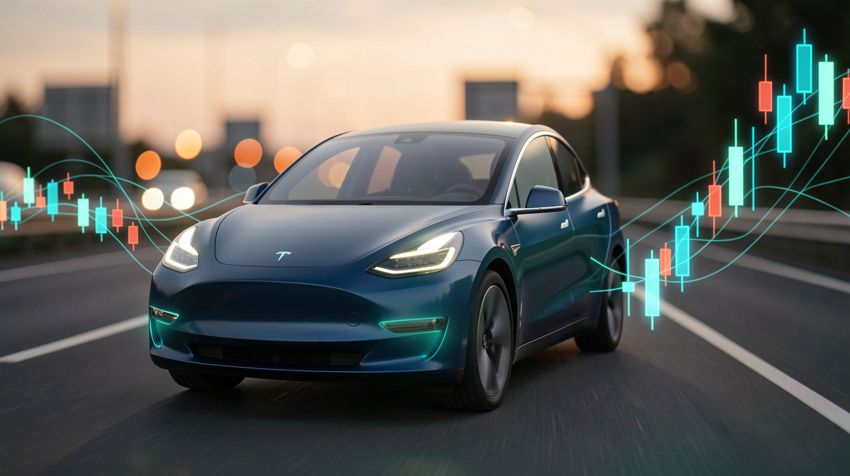 Tesla Model Y on a highway with a stock chart overlay showing 2026 forecast trajectory