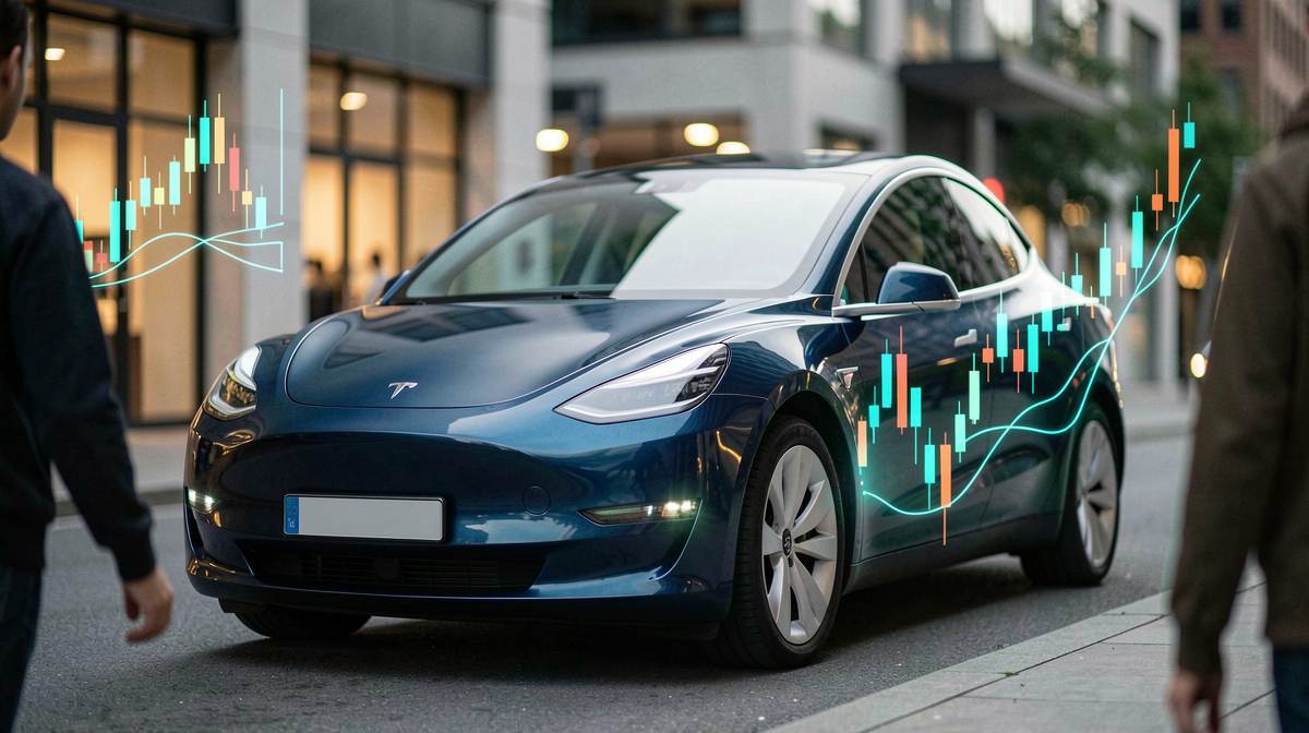 Tesla Model Y vehicle parked in a modern urban setting with stock market data overlay