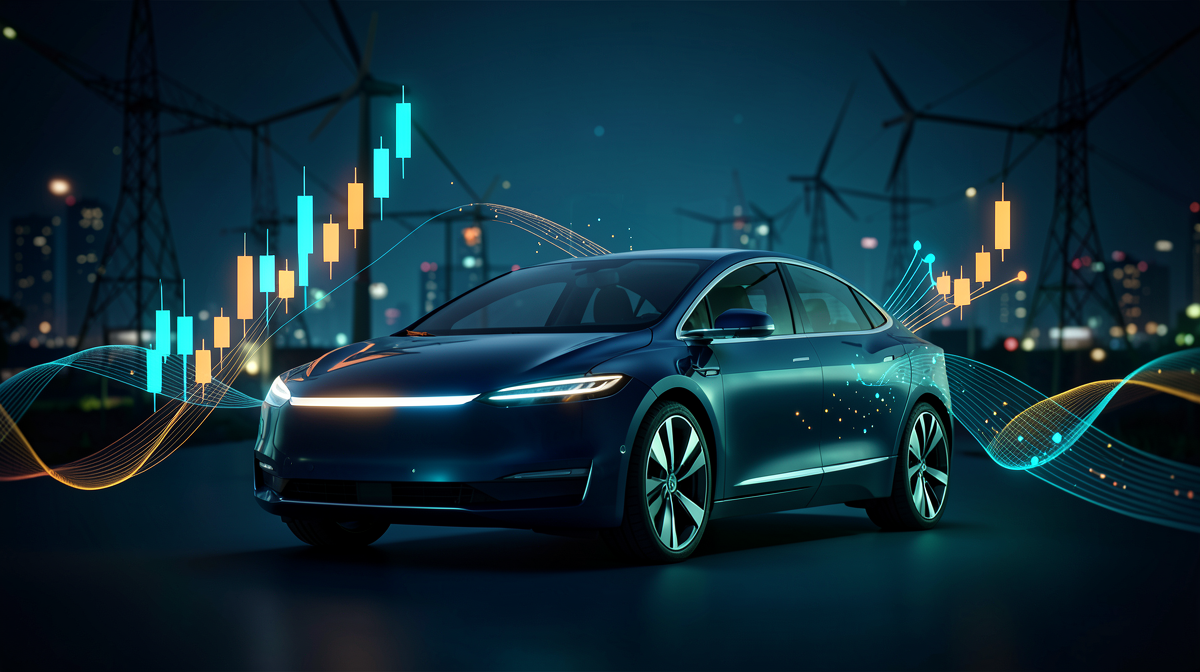 Vehículo Tesla Robotaxi en entorno urbano con infraestructura energética de fondo