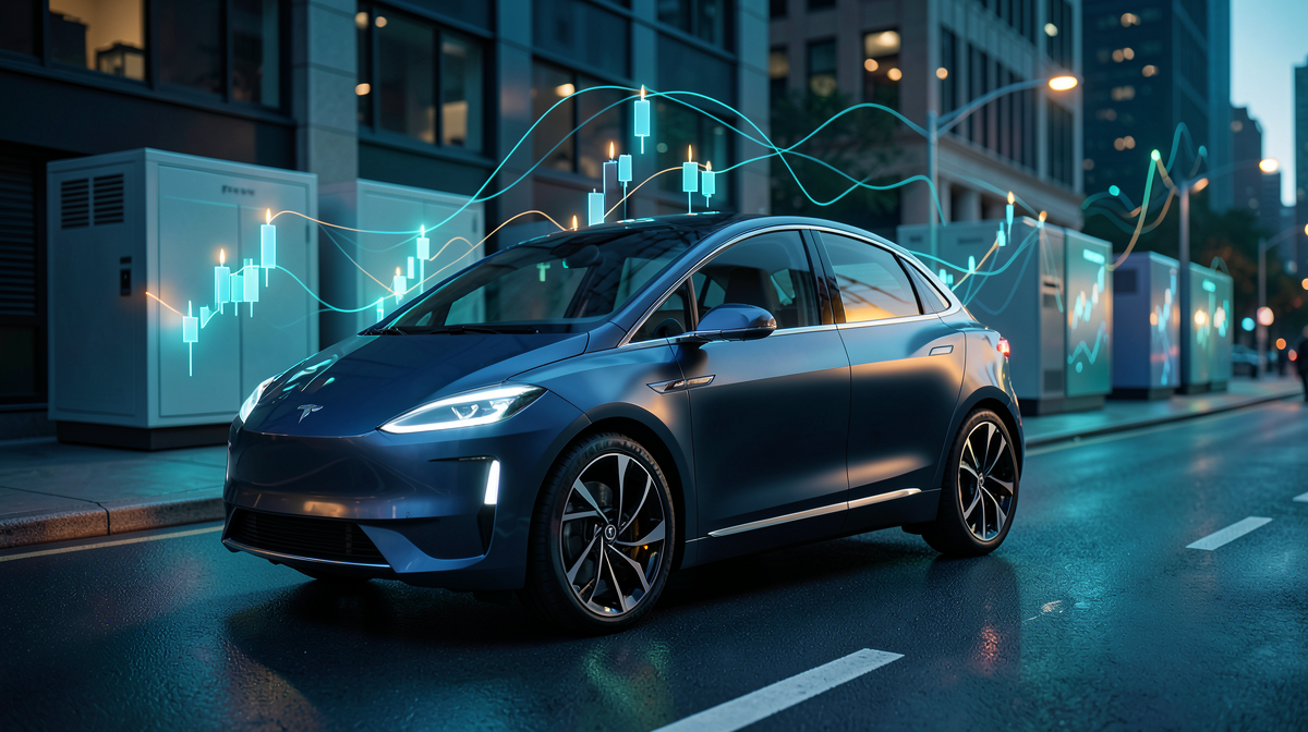 Прототип роботакси Tesla на городской улице с энергонакопителями на заднем плане