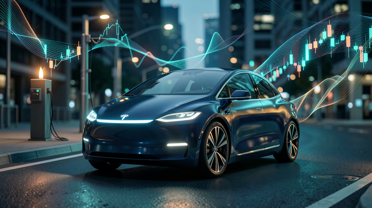 Véhicule robotaxi Tesla sur une route urbaine avec des infrastructures de recharge en arrière-plan