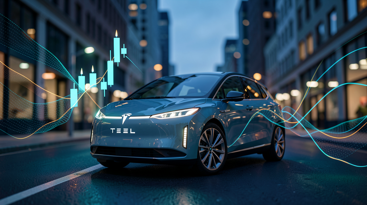 Cybercab futuristik Tesla di jalan kota saat senja dengan logo perusahaan terlihat