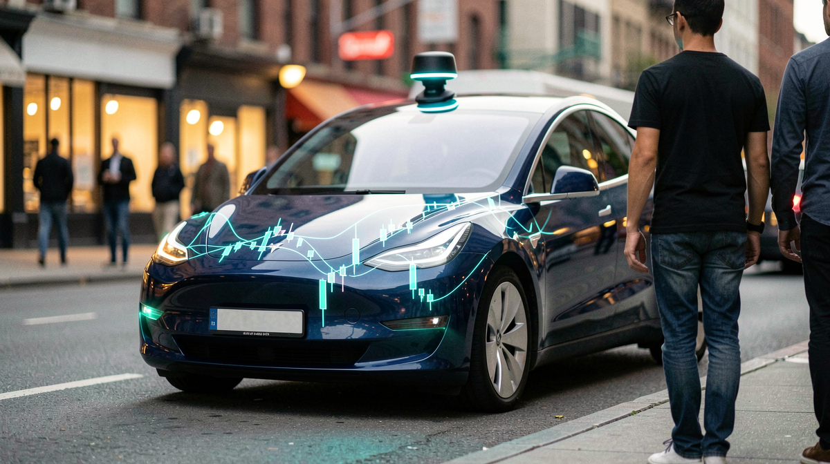 Tesla Model Y on a city street with autonomous driving sensors highlighted