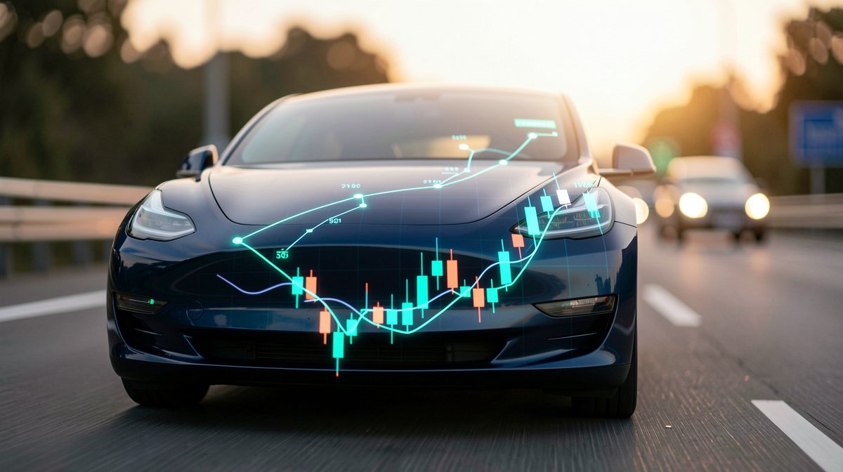 Tesla Model Y em uma rodovia com sobreposição digital de mapeamento de rotas e pontos de dados