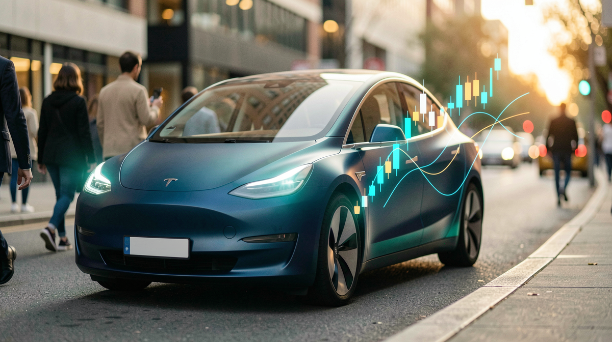 Tesla robotaxi vehicle on a city street with financial data overlays